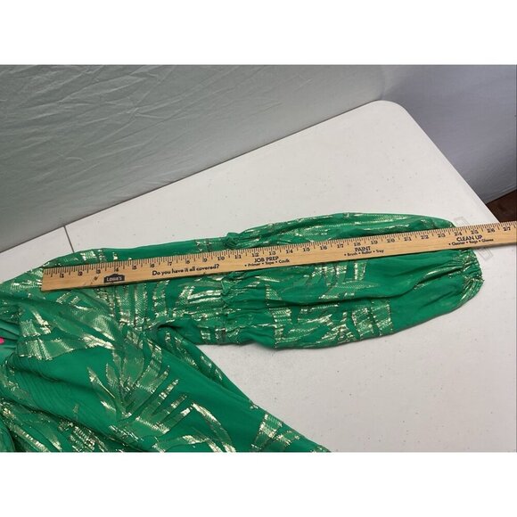 Lilly Pulitzer Green Gold Metallic Silk Long‎ Sleeve Swing Dress Size 14 Festive - Picture 11 of 14